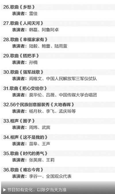 2015中央电视台春节联欢晚会节目单