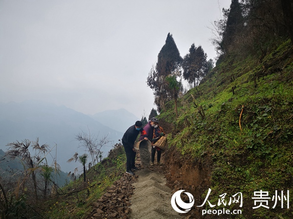 劉杰與村民一起搬沙硬化中藥材種植基地道路