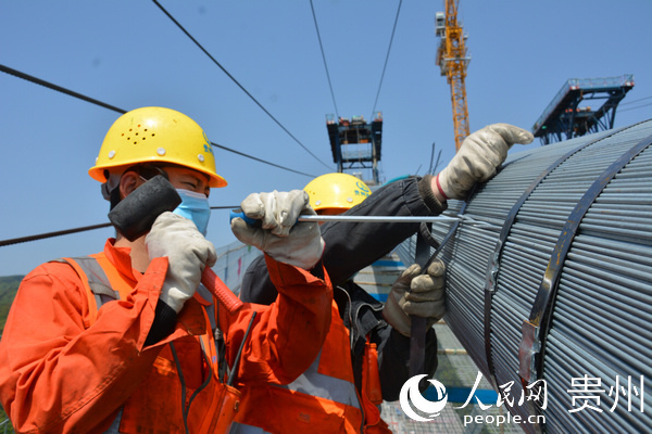 施工人員正在對主纜出現的夾絲進行調整。韋景全 攝 
