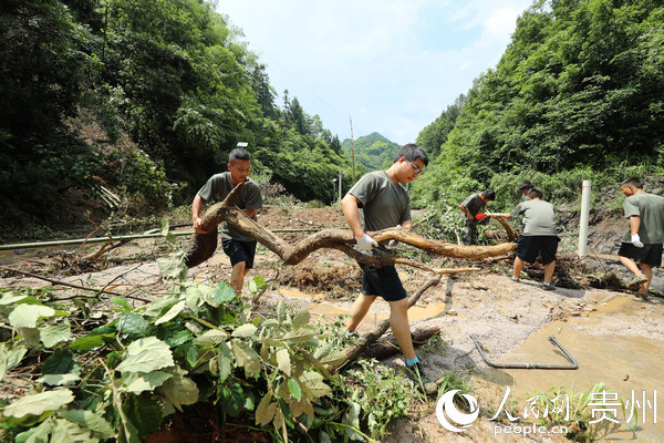民兵應急分隊隊員正在清理垮塌在道路上的樹木。胡攀學  攝