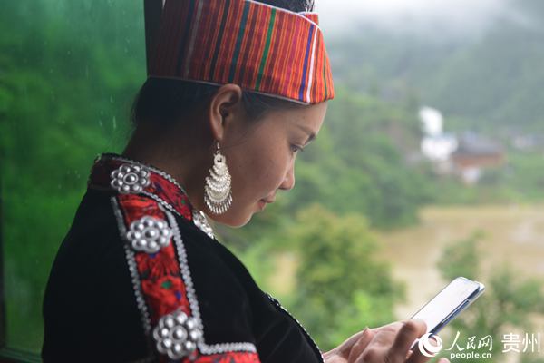 在劍河縣鎮江村，苗家姑娘正在處理客戶用手機下的秧李訂單。吳玲 攝