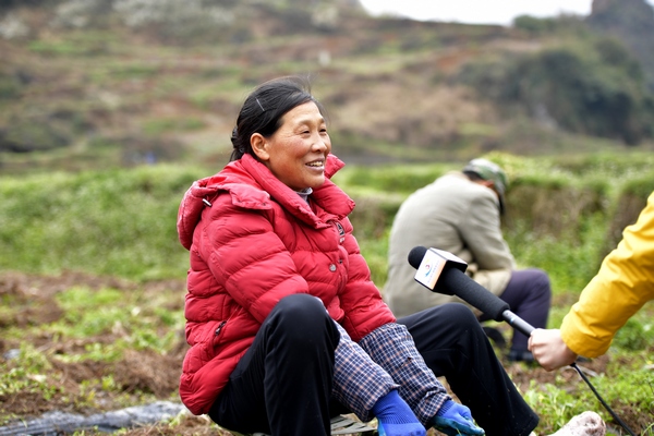 在上麥城村白芨種植基地務工的村民蔡永珍講述著這幾年因脫貧攻堅、鄉村振興給她家帶來的巨大改變。觀山湖區融媒體中心供圖