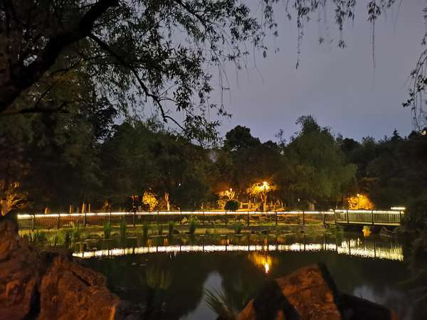 傍晚的公園流光溢彩，湖面與燈光相映成趣。陳楊攝