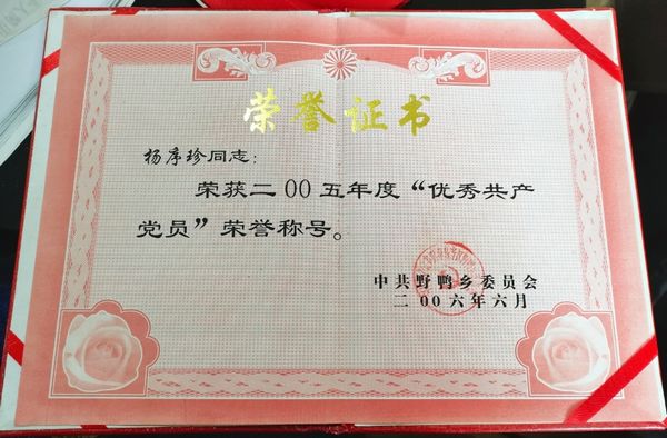 2005年杨序珍荣获“优秀共产党员”称号。张奕妍摄