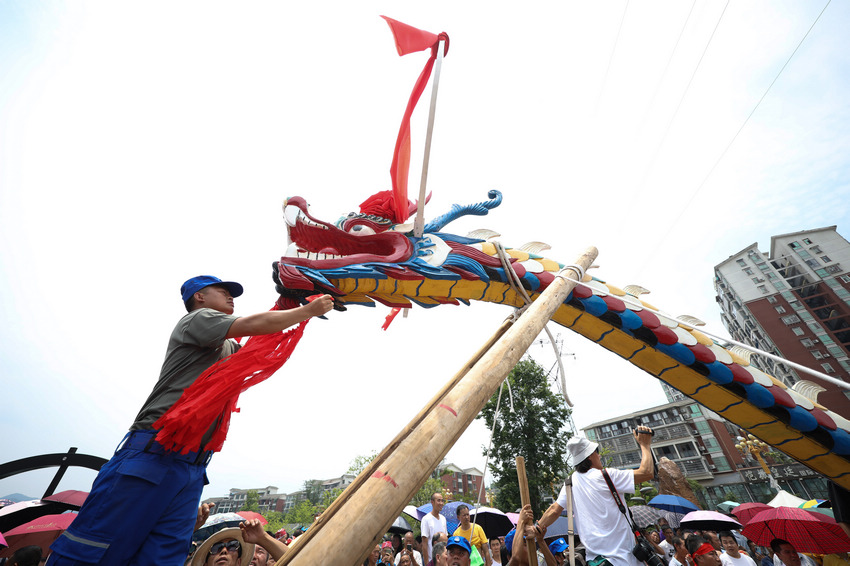 6月9日，在貴州省黔東南苗族侗族自治州施秉縣，工作人員給木龍頭挂紅。