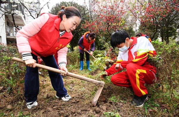 3月11日，貴陽市南明區望城街道美樹陽光社區居委會的黨員志願者和綠苑中學的學生一起栽種樹苗。