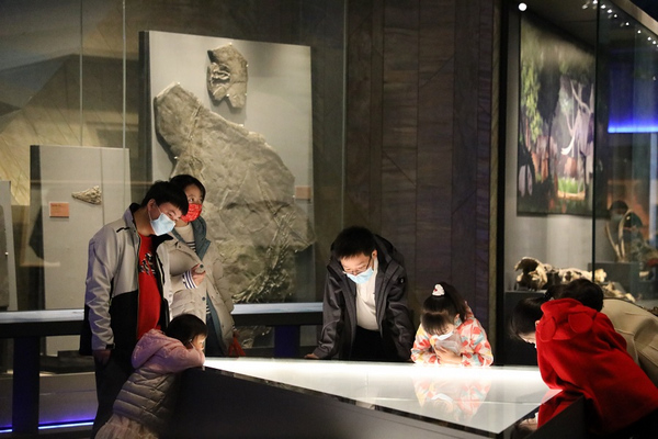 在貴州省博物館，游客參觀貴州龍化石。