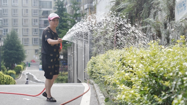西南社区物业在为小区绿化浇水。