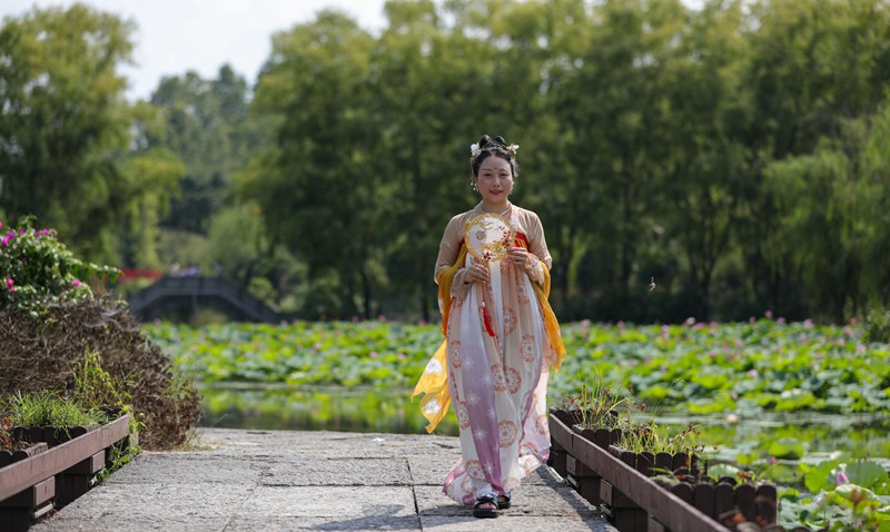 7月23日，游客在龙潭古寨观赏荷花。