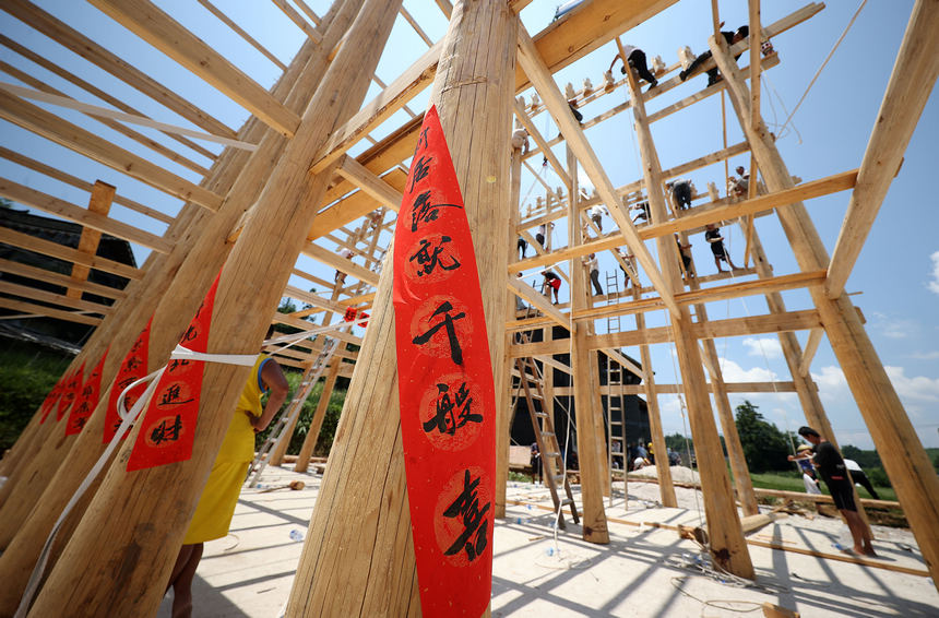 8月4日,村民们在吊脚楼房架上施工。