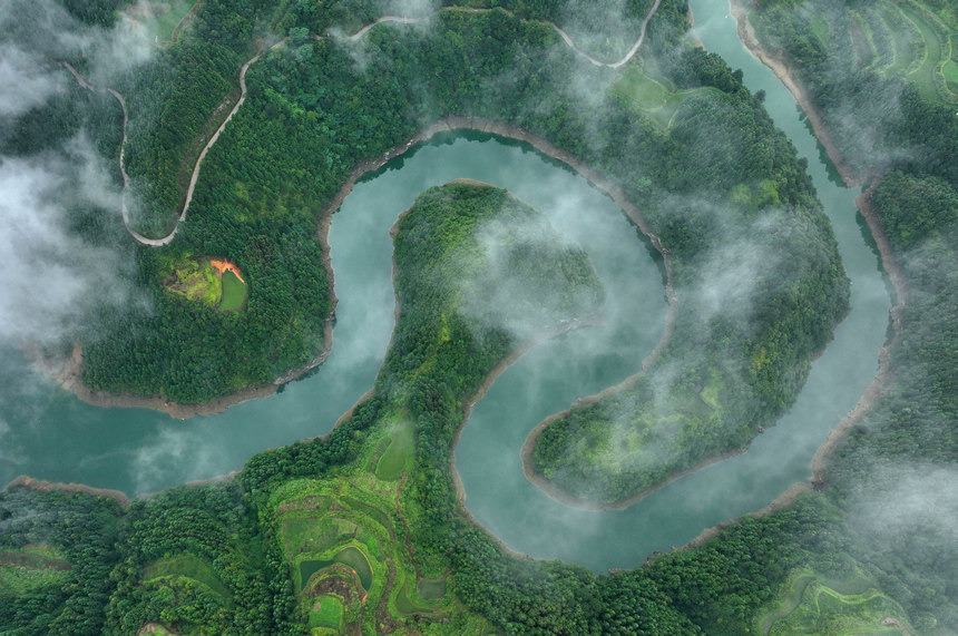 8月5日拍攝的排莫村河流森林景觀（無人機照片）。