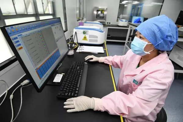 工作人员通过荧光PCR系统分析审核结果。