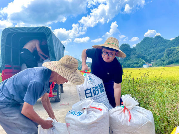 驻村干部姚云龙同志帮助群众搬运稻谷。
