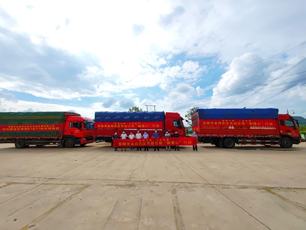 9月17日，安順市金雞農庄生態農業發展有限公司捐贈的三車物資整裝待發。