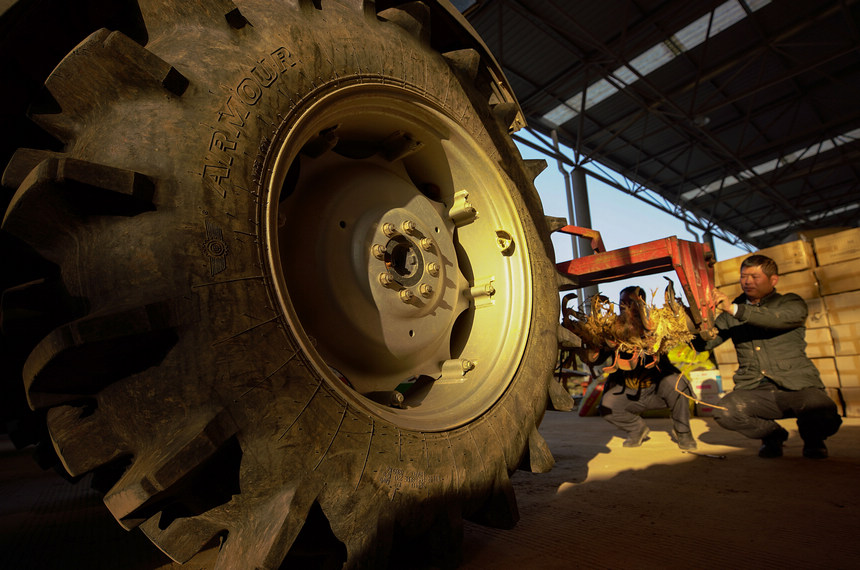 1月30日，丹寨縣一家農業公司倉庫內，工作人員在對拖拉機進行檢修。