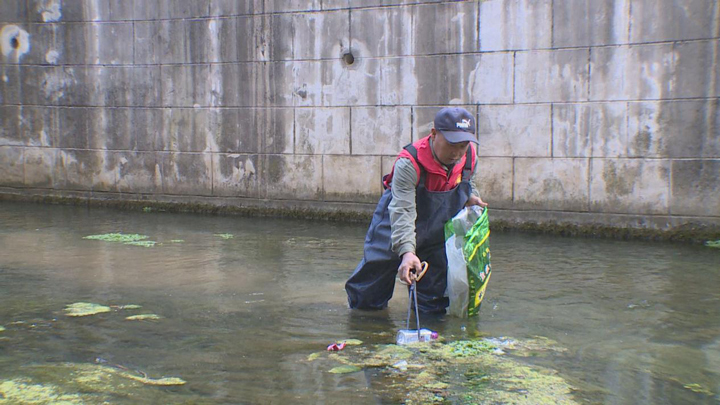 志愿者清理六枝河河道。