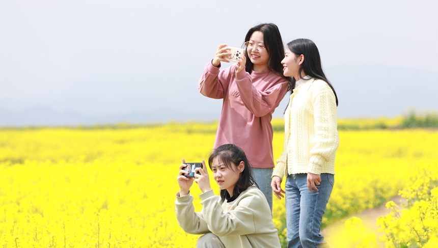 3月12日，游客在贵州省大方县牛场乡立新村油菜种植基地游玩。周训贵摄