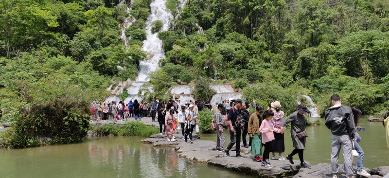 小七孔景区翠谷瀑布游人如织。