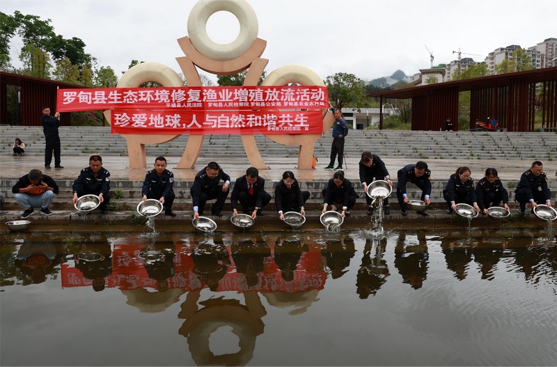 将鱼苗投放到河里。