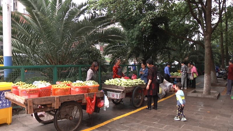 安顺经开区城管划线整治马路摊点，摊贩不再“打游击”。程倩摄