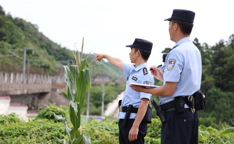 6月29日，铁路公安民警在沪昆高铁贵州铜仁南站辖区内开展线路破损巡查。