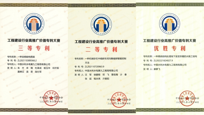 水电九局三项科研成果获中国施工企业管理协会专利奖项