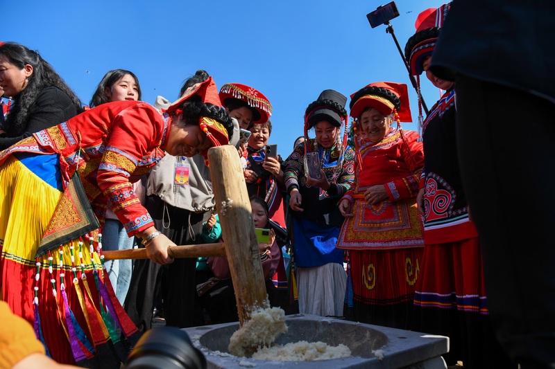 11月19日，在百里杜鹃管理区迎丰村，前来参加彝族年的群众体验打糍粑。