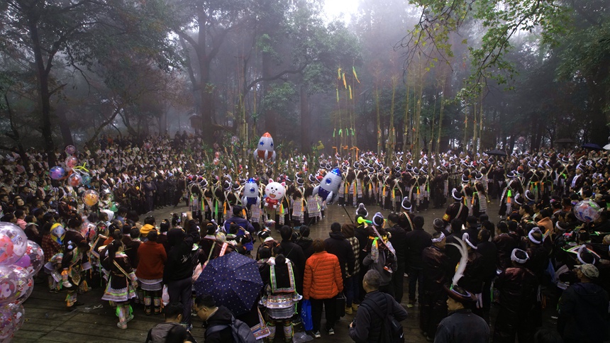 游客驻足围观，一同庆祝苗族芦笙节。