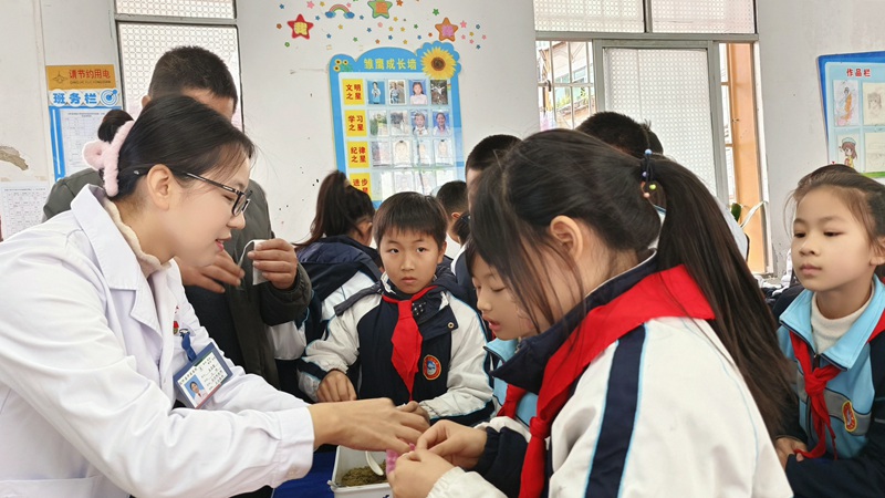 石阡县中医院医务人员和实验小学一同制作中医香囊。