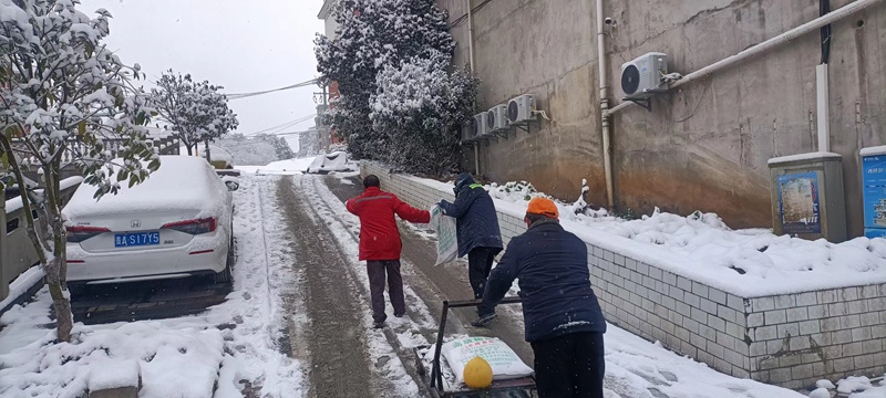 圖為:楠木渡鎮對陡坡地段進行撒鹽除雪除冰