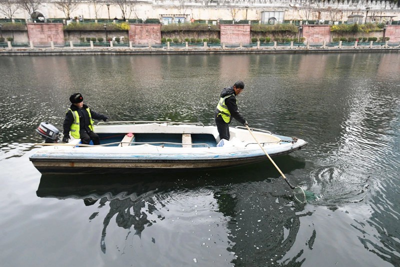 河道疏捞工人正在甲秀楼河段清理水草及水体漂浮物。