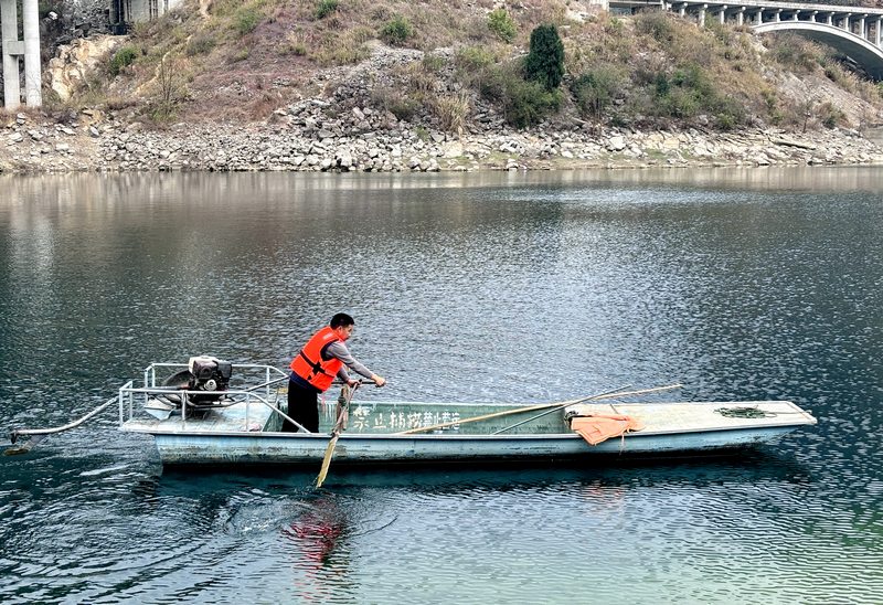 邓志文滑动船桨行驶在湖面上巡视。