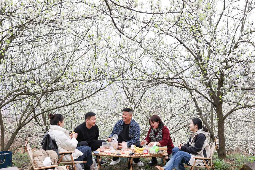 人们在贵州省毕节市七星关区南山公园休闲赏花。