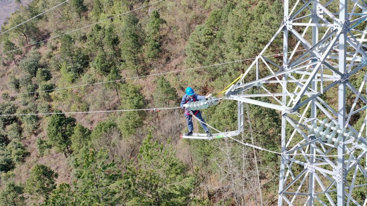 龍福剛在位於山嶺叢林間的輸電線路鐵塔上開展巡視檢修工作。