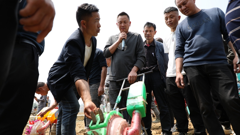 4月12日，农技人员在进行大豆玉米复合机械化种植技术培训。周训贵摄