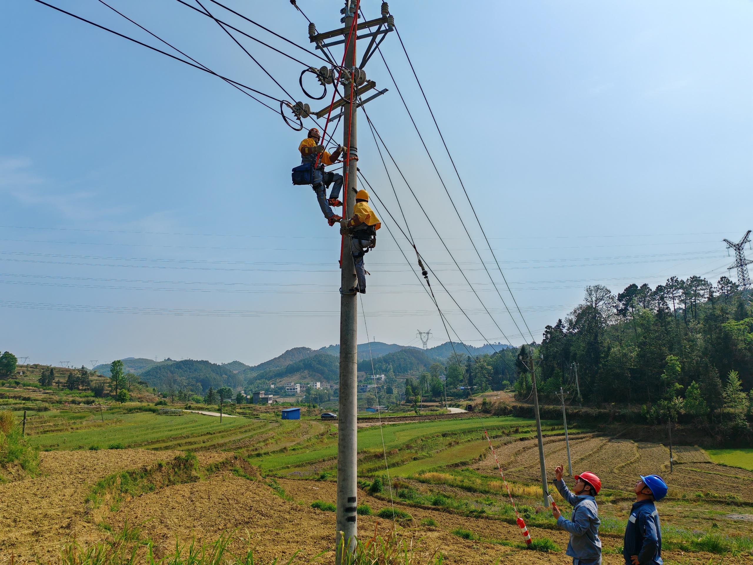 南方電網興仁供電局工作人員對鯉魚壩村低電壓農網改造線路進行帶電作業安裝現場。