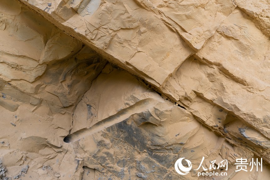 崖壁上殘留著當年開鑿水渠的痕跡。人民網記者 涂敏攝