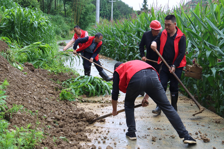 工作人員拿著鋤頭、鐵鍬對道路進行清理 。