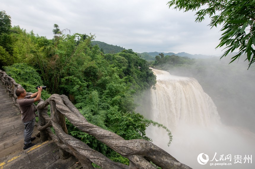 6月23日，在黄果树瀑布景区，游客用相机拍摄大瀑布。人民网记者 翁奇羽摄