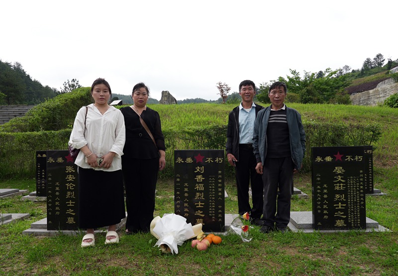 劉貴富（右一）一行在烈士父親劉香福墓黔合影.