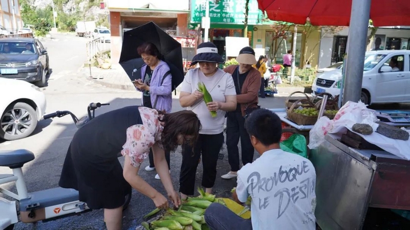 7月3日，在百里杜鹃花都城区，避暑游客在购买绿色农产品。赵刚摄