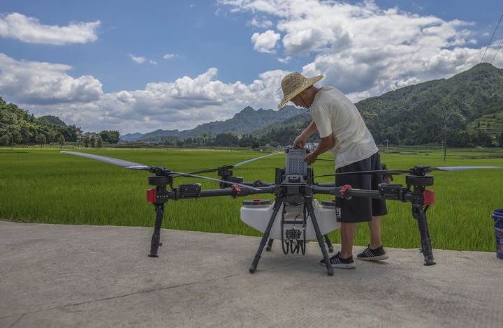 植保无人机操作人员在务川县黄都镇东山坝区检查设备。