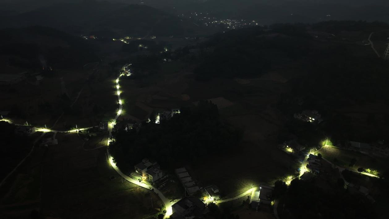 路灯照亮了乡村的夜晚。