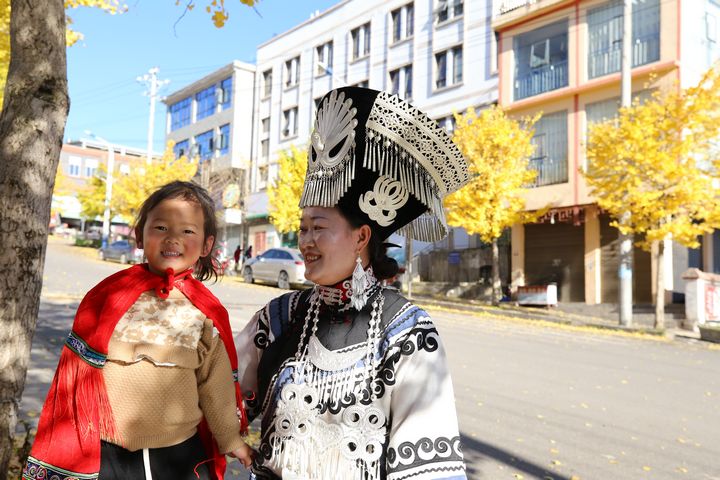 在云上结构，金黄的银杏、蓝天、白云、身着民族服饰的人们，共同绘就了唯美画卷。汤斌摄