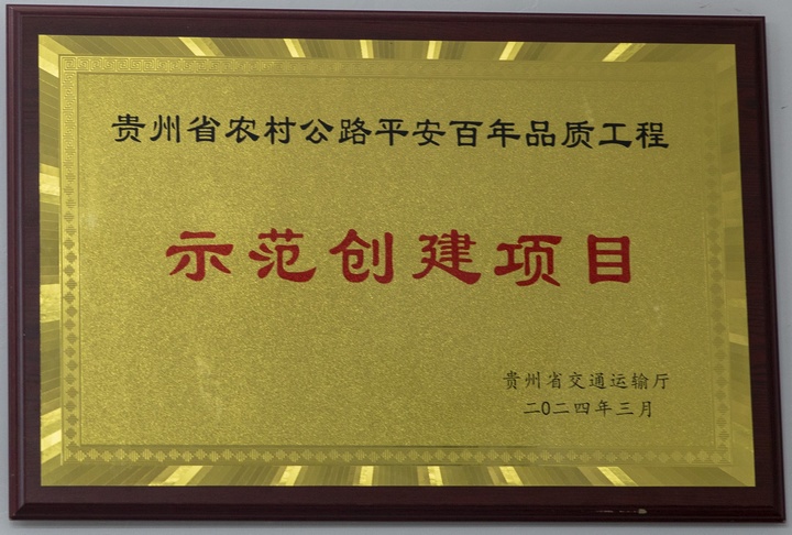 貴州省交通廳頒發的“貴州省農村公路平安百年品質工程示范創建項目”牌。