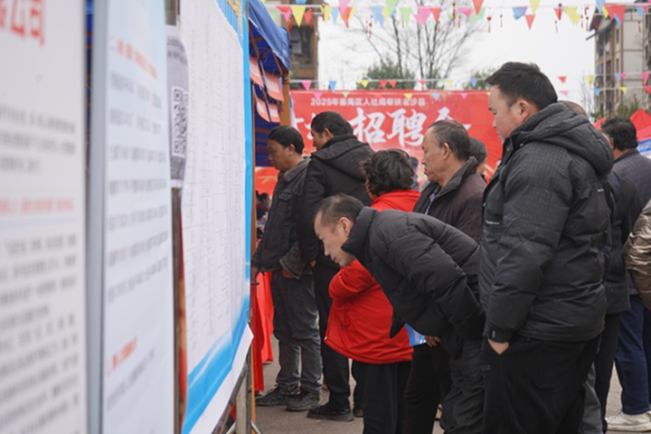 求职者专心研读企业招聘展板上的岗位要求。