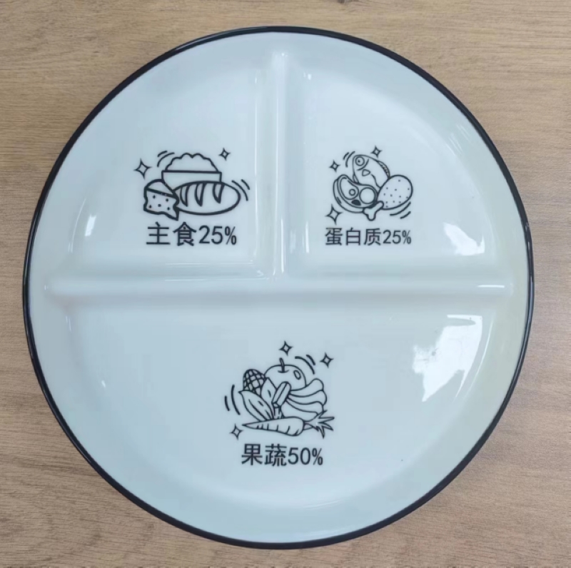 三格膳食餐盘，主食25%，蛋白质25%，果蔬50%。
