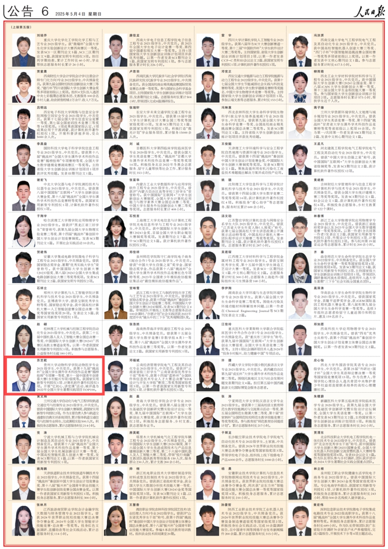 1.貴州大學2021級本科生蘇芝乾作為貴州省唯一本專科生代表榮登榜單。
