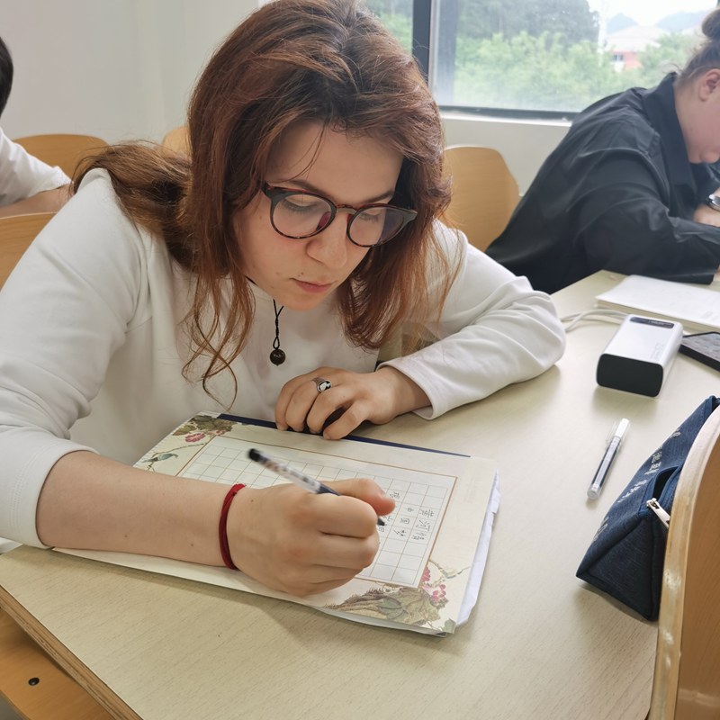 留学生专心致志地书写作品。贵州大学供图