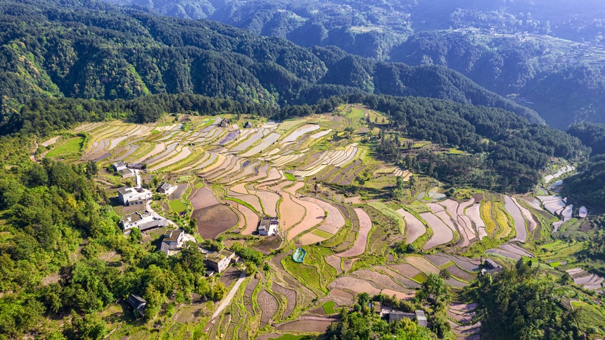 2025年5月12日，貴州省畢節市黔西市中坪鎮青山環抱的梯田正在進行蓄水翻耕。